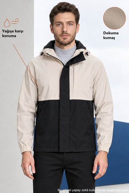 Men's Stone Black Hooded Zippered Waterproof Raincoat - Windbreaker