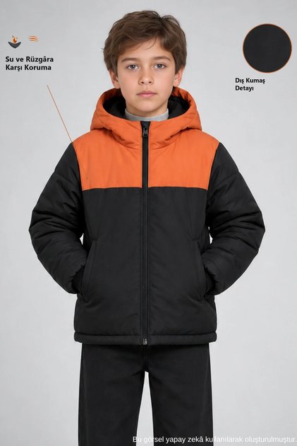 Boys' Black Orange Hooded Water and Wind Resistant Winter Puffer Coat