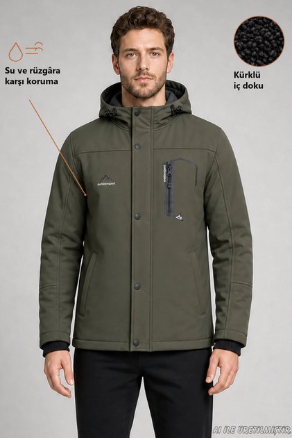 Men's Khaki Hooded Fur-Lined Water and Wind-Resistant Outdoor Softshell Coat