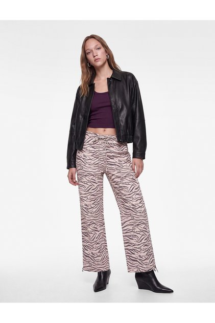 Comfortable Fit, Tie-Waist, Wide-Leg, Zebra Patterned Trousers with Pockets