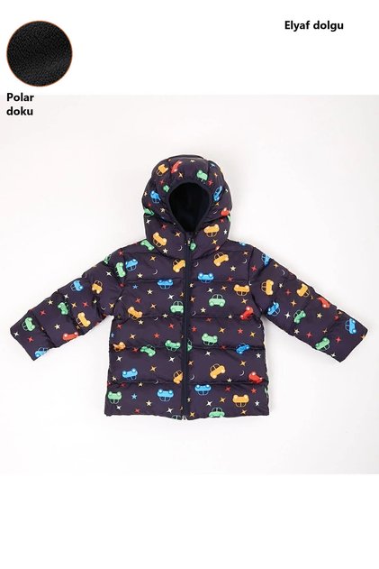 Girl's Fleece Inside Furry Hooded Car Star Moon Patterned Winter Puffer Jacket Coat Parka
