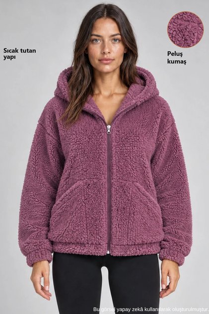 Kadın Mürdüm Oversize Kapüşonlu Fermuarlı Cepli Peluş Sweatshirt