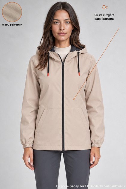 Women's Stone Waterproof and Wind-Resistant Lined Raincoat with Hooded Pockets - Windbreaker