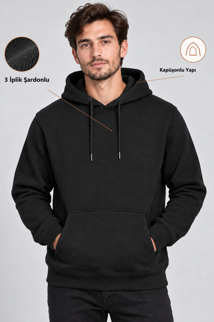 Men's Black Hooded Basic Slim Fit Sweatshirt with Pockets