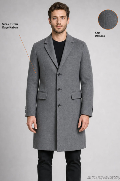 Men's Gray Slim Fit Cashmere Coat Classic Collar 3 Button Long Cut Winter Overcoat