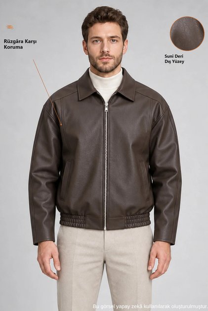 Men's Brown Oversize Faux Leather Coat with Zipper and Elastic Waist Detail