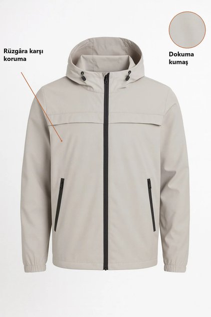 Men's Stone Hooded Windbreaker, Seasonal Coat with Zipper Pockets