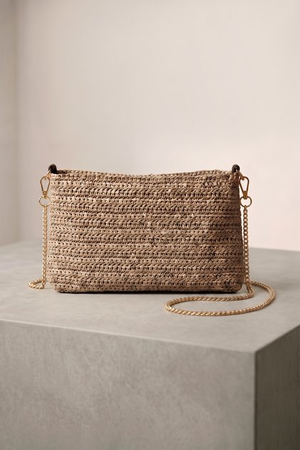 Wicker Portfolio Clutch Bag with Chain Strap