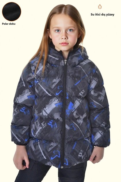 Girl's Cobalt Blue Anthracite Digital Pattern Inside Fleece Water and Windproof Hooded Inflatable Winter Coat
