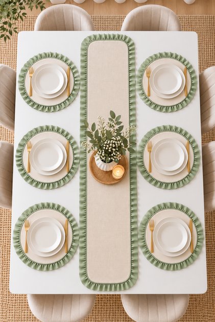 7 Piece Green Ruffled Cream Table Set for 6 People – Runner + 6 American Service Plates