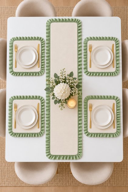 4-Person Ruffled Runner Set – 4 Square Placemats, 5-Piece Stylish Table Set