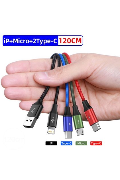 كابل USB نوع C بطول 120 سم، 3 في 1، كابل نوع C لهواتف سامسونج S20 وشاومي Mi 9 وكابل للآيفون