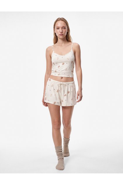 Lace Detailed Comfortable Cut Teddy Bear Printed Shorts Pajama Bottoms