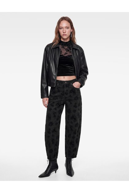 Cotton Pocketed Buttoned Comfortable Fit Floral Printed Baggy Denim Trousers -Baggy Jeans