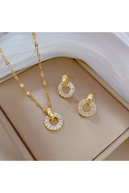 40cm Gold-color Full Diamond Round Ring Necklace and Earrings Set; Light Luxury Micro-Inlaid Persona