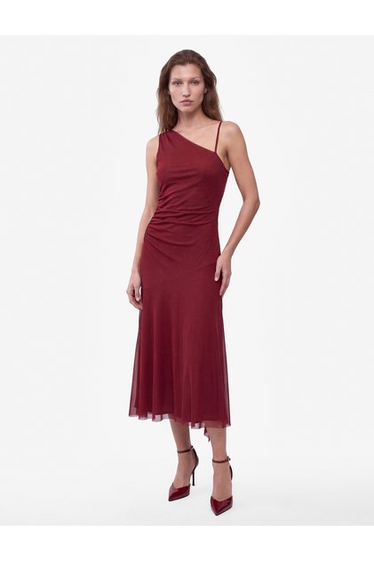 Slim Fit Thin Straps One Shoulder Asymmetrical Cut Tulle Midi Dress with Scarf