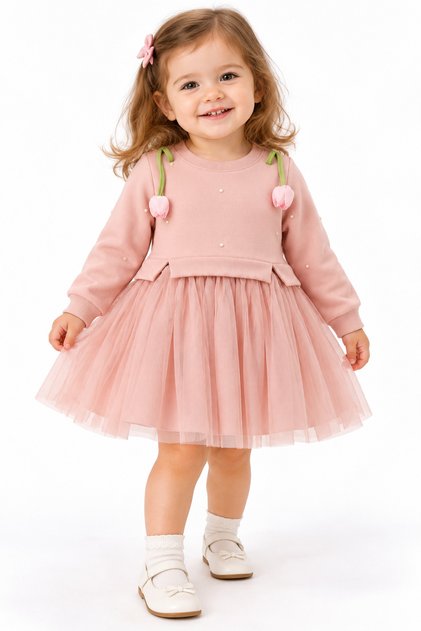 Girl's Tulip Detailed Tulle Dress Brown & Powder Pink 9-24 Months
