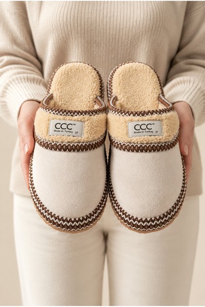 Women'S, Suede Textured, Fur Lined, Embroidery Detailed, Plush Detailed, Soft Sole House Slippers