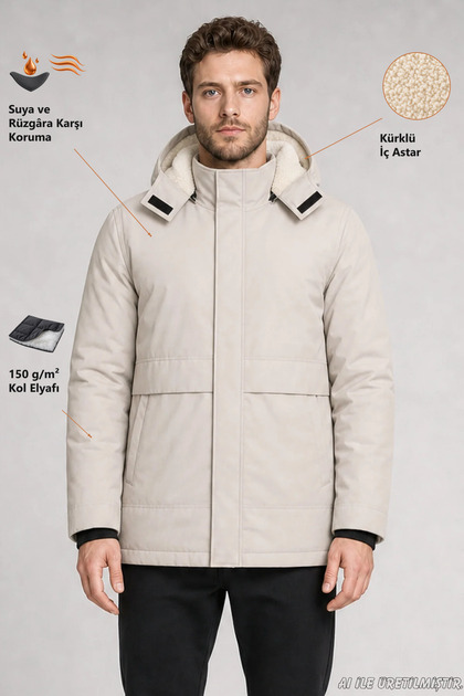 Men's Stone-Colored Hooded Fur-Lined Water and Wind-Resistant Ribbed Coat