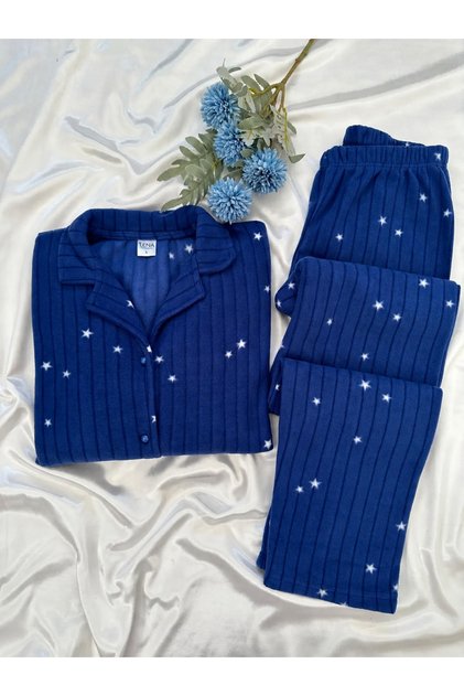Navy Blue Star Patterned Buttoned Fleece Pajama Set