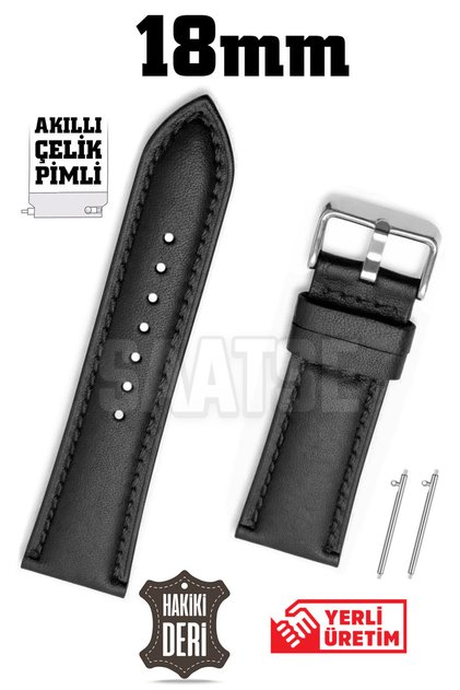 18mm Black Genuine Leather Watch Band Strap with Smart Pins