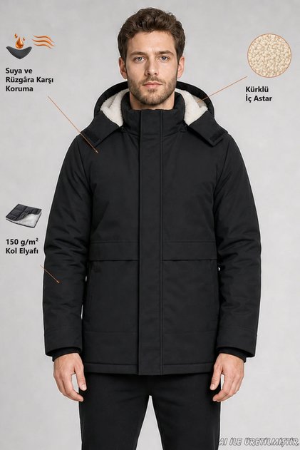 Men's Black Water and Wind Resistant Ribbed Coat with Fur Inside the Hood