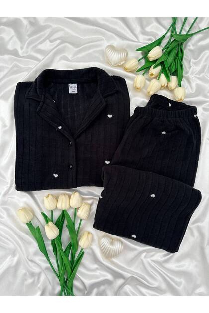Black Heart Patterned Buttoned Fleece Pajama Set