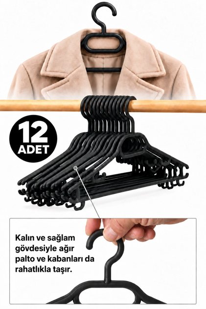 Thick Clothes Hanger Thick Coat Coat Hanger Unbreakable 12 Pieces Set Black De099