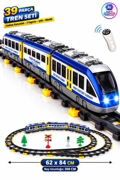 Uzaktan Kumandalı Işıklı Müzikli 39 Parça Hızlı Tren Seti | Oval Raylı 84x62 cm Oyuncak RC Tren