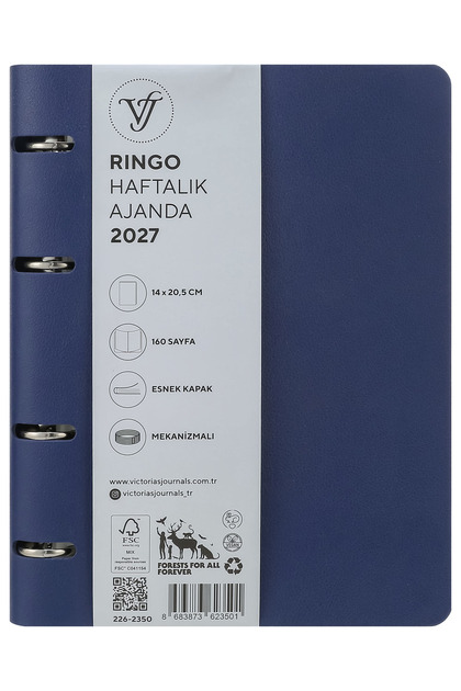 Ringo 2027 Weekly Agenda A5. Vegan Leather Flexible Cover Ivory 80Gr. Changeable Inside Color - Navy Blue