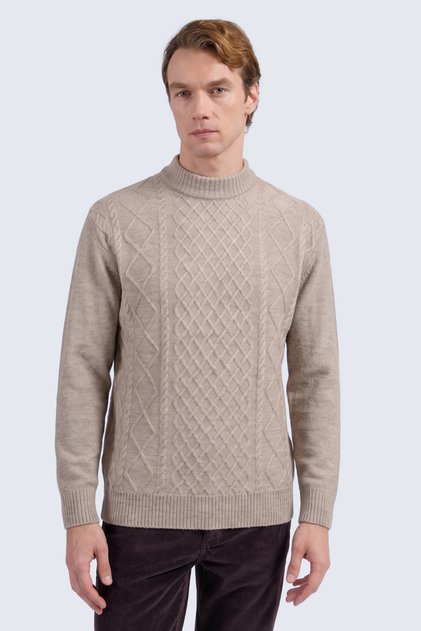 Mink Regular Fit Jacquard Quarter Turtleneck Sweater