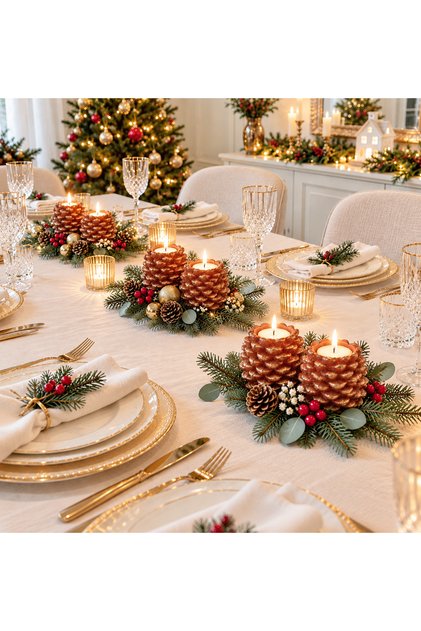 Yaldızlı Yılbaşı Çam Kozalak Mumluk Seti – 2li Dekoratif Masa Süsü 🎄🕯️