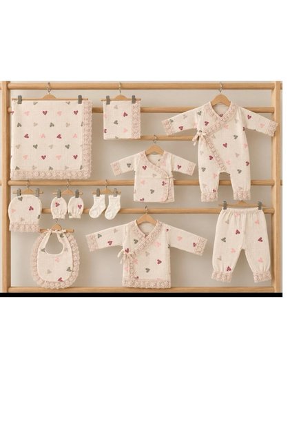 100% Cotton Baby Girl 10 Piece Hospital Discharge Set Hearted Muslin Fabric with Lace Detail