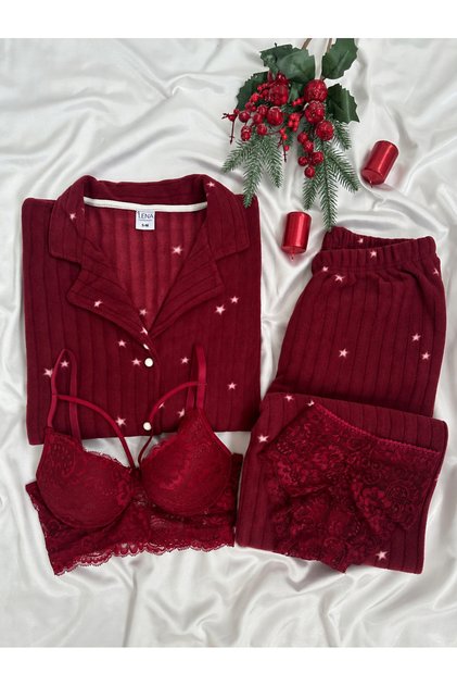 Burgundy Buttoned Fleece Pajama Set with Star Pattern and Underwear
