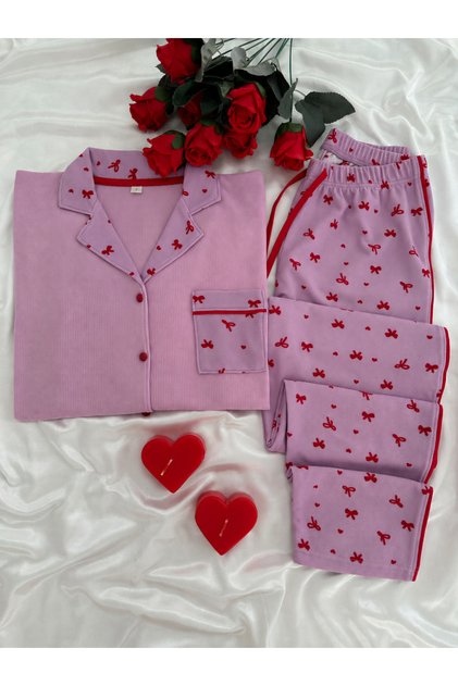 Pink Waffle Premium Pajama Set with Red Bow Pattern