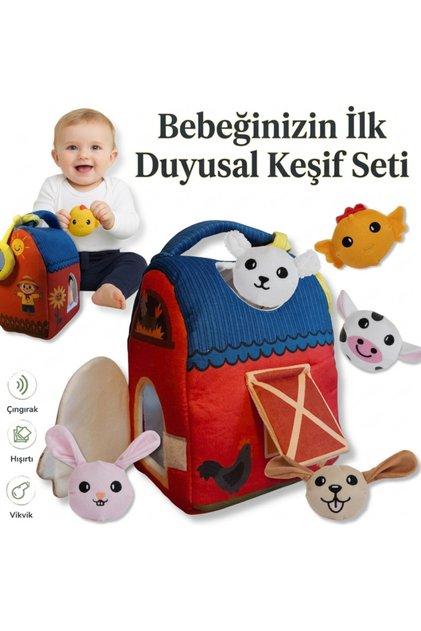 Bebek Duyusal Oyuncak Seti 6 Ay+ Peluş Çiftlik Evi ve Hayvanlar, My First Farm Set Hışırtılı,Çıngıraklı,Yıkanabilir Gelişim Oyuncağı