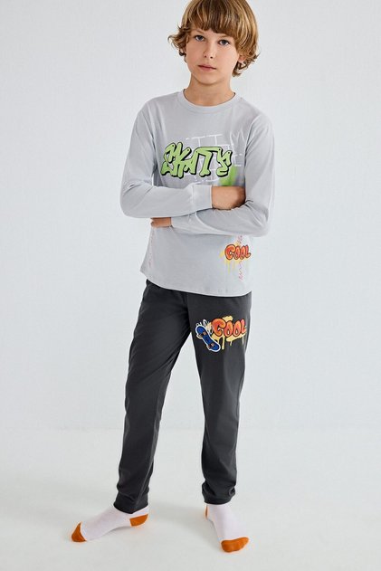 100% Cotton Regular Fit 2-Piece Light Gray Pajama Set for Boys H6667A826Au
