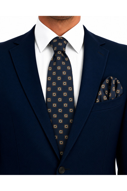 8 cm Navy Blue Beige Patterned Tie and Handkerchief Set