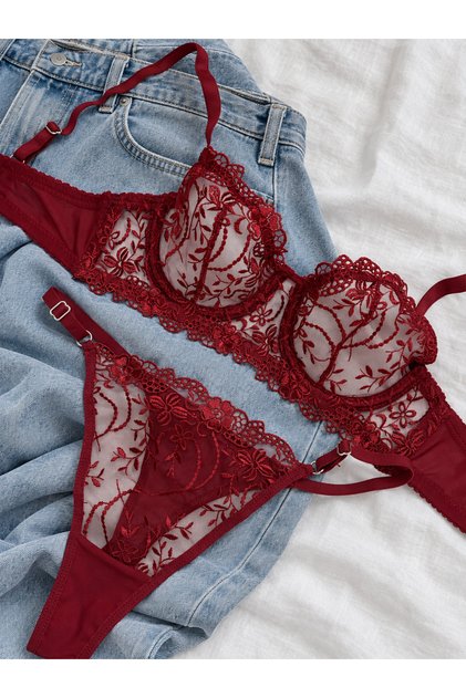 Sevgililer Günü Özel Bordo Çiçekli Balenli Kapsız Brode Bralet Sütyen Takımı