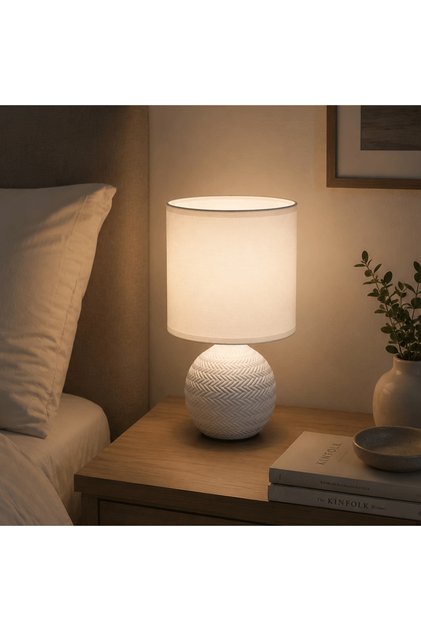 Lampa de Masa Decorativa pentru Dormitor si Living, 13x13x25 cm, Veioza Eleganta cu Abajur Textil, Baza Ceramica Rotunda, Soclu E14, Alimentare 220–240V, 50/60Hz, Putere Maxima 40W, PriStyle®