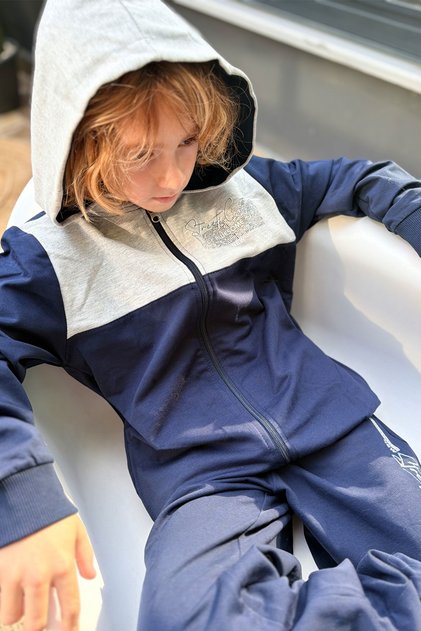 Boy's Tracksuit Set with Color Block Hooded Zipper, Ages 5-9, Navy Blue