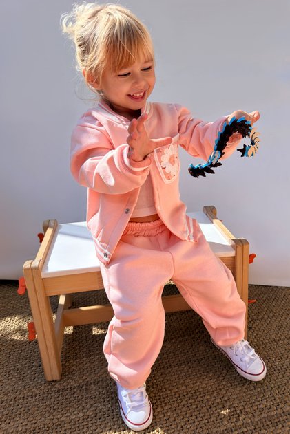Donino Girls' Tracksuit Set with Floral Knit Pocket Detail and Snap Fasteners, Ages 2-5, Salmon
