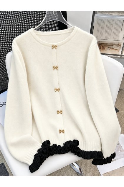 Women's Bow Buttoned Ruffle Detailed Basic Knitwear Cardigan