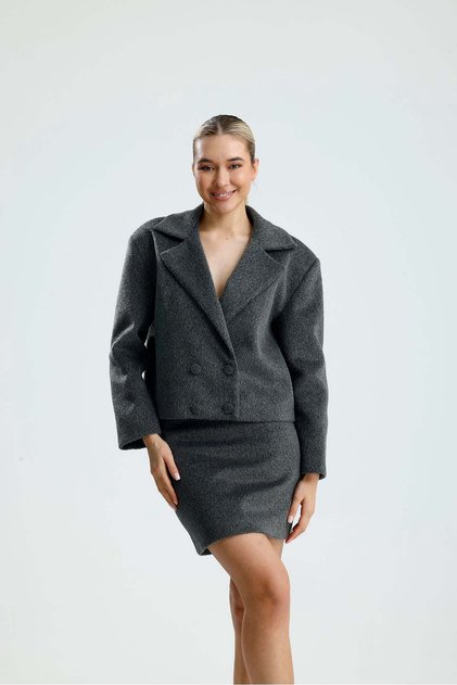Aphro Kaşe Women's Gray Jacket and Skirt Set.