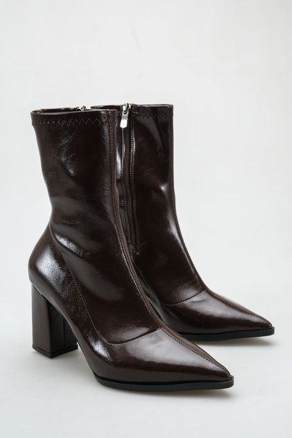Women's Enjoy Thick Heeled Stretch Boots - Brown-Patent Leather