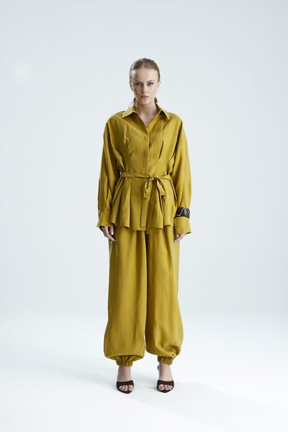 Agapi Mustard Belted Shirt and Trousers Set