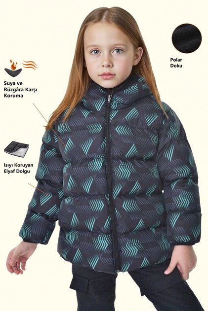 Girl's Black Green Digital Pattern Fleece Water and Windproof Hooded Puffer Winter Coat