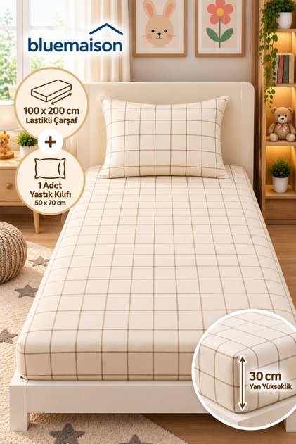 Single Cotton Elastic Sheet Set 100x200 Cream Square