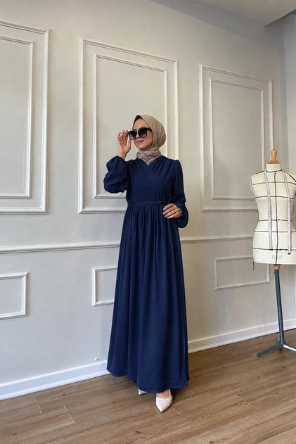 Tesettür Elbise Ferace Lacivert Hürrem İçten ve Dıştan Bağlamalı Kırışmaz Krep