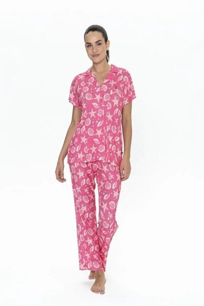 20084 Starfish Patterned Buttoned Shirt Pajama Set